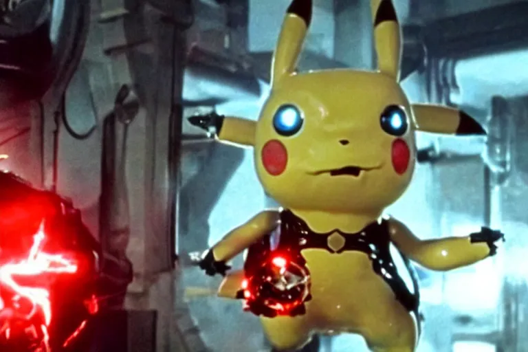 Prompt: Terminator Pikachu scene where his endoskeleton gets exposed and his eye glows red, still from the film Terminator Pikachu