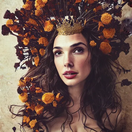 Image similar to full body fine art photo of the beauty gal gadot, she has a crown of dried flowers and is wearing a fashionist conceptaul dress made of dried roses, taken by oleg oprisco