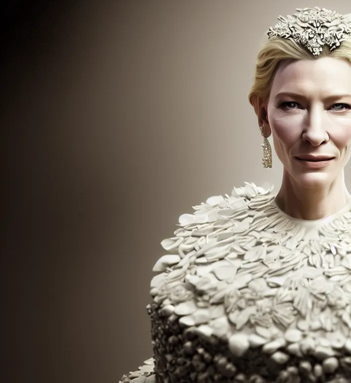 Image similar to cate blanchett emerging from a wedding cake, intricate, elegant, white mist, suburban home, product shot, macro, highly detailed, dramatic lighting, symmetrical face, sharp focus, octane render, trending on artstation, artstationhd, artstationhq, unreal engine, 4 k, 8 k