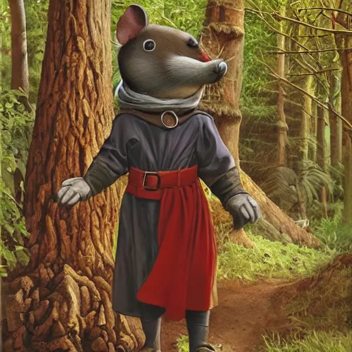 Image similar to an adventurous anthropomorphic mouse wearing medieval clothing walking through a lush forest, Alex Ross