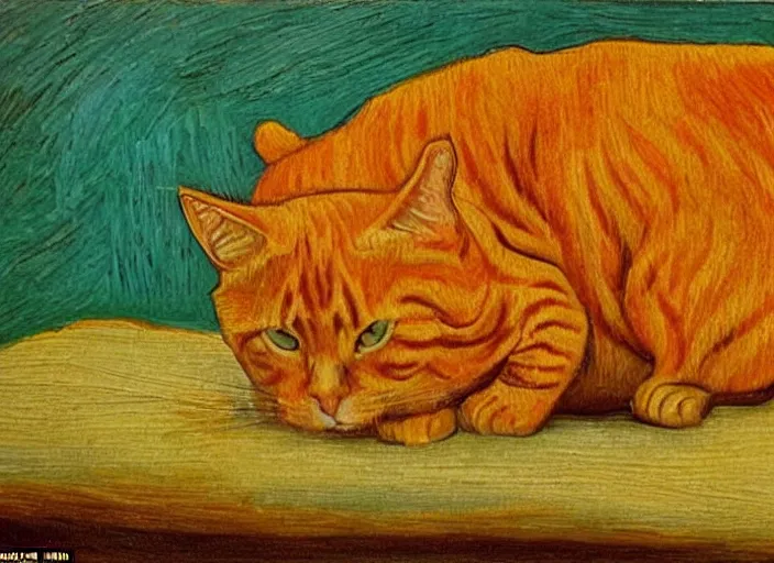 Prompt: detailed realistic realism painting of lasagna with the face of an orange tabby cat, at dusk, in the style of vincent van gogh and salvador dali and leonardo da vinci