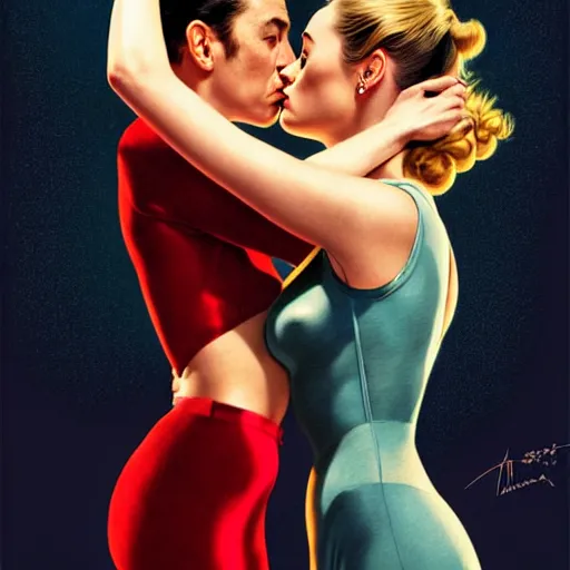 Image similar to brie larson and amber heard kissing, full body portrait, natural lights, photorealism, dramatic, cinematic, art by artgerm, rossdraws, norman rockwell, magali villeneuve, gil elvgren, alberto vargas, earl moran, enoch bolles