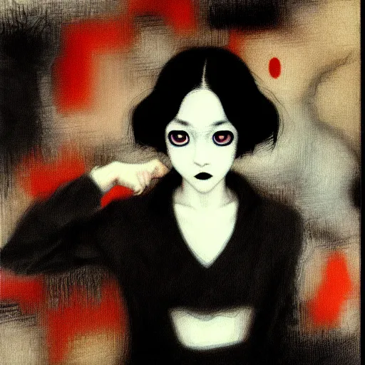 Image similar to yoshitaka amano blurred and dreamy realistic portrait of a young woman with black lipstick and black eyes wearing office suit with tie, junji ito abstract patterns in the background, satoshi kon anime, head turned to the side, noisy film grain effect, highly detailed, renaissance oil painting, low camera angle, blurred lost edges