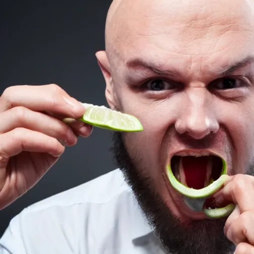 Image similar to angry bald swedish man biting into a raw lime on live camera