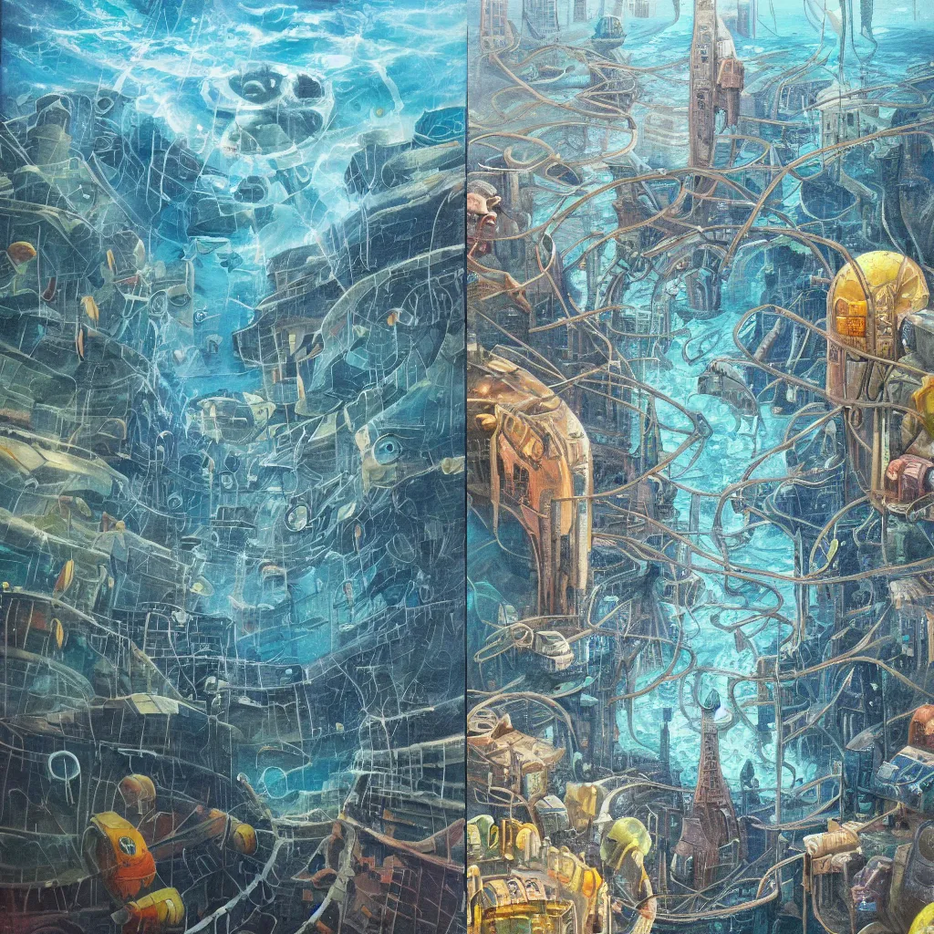 Prompt: an underwater city with a failing force field water is starting to flood the city sparks dance across the surfaces the city pushes upwards fighting the flow of both water and time, oil painting, comic artwork