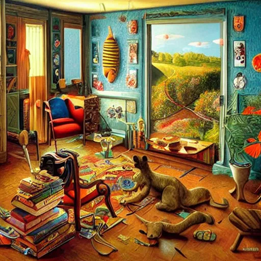 Image similar to a painting of a living room, a surrealist painting by jacek yerka, cgsociety, fantastic realism, surrealist, detailed painting