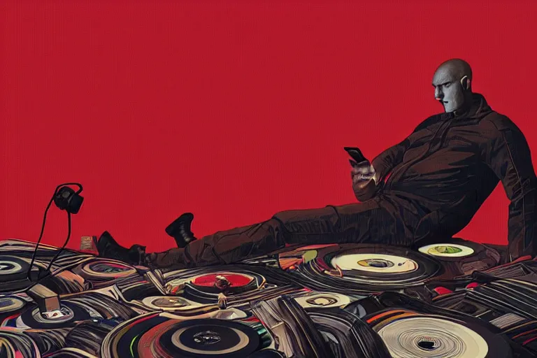 Prompt: an expressive portrait of agent 4 7 wearing headphones and laying on a floor of vinyl records, dark background, red rim light, digital art, artstation, concept art by giger stalenhag