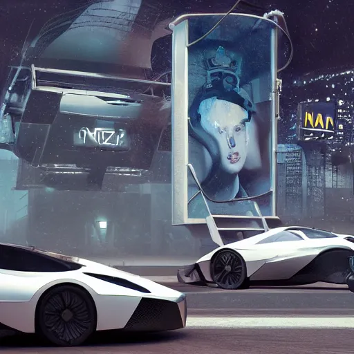 Image similar to sci-fi cars : wall near structure on : the coronation of napoleon painting : and digital billboard in the middle, unreal engine 5, keyshot, octane, artstation trending, ultra high detail, ultra realistic, cinematic, 8k, 16k, in style of zaha hadid, in plastic, dark, tilt shift,