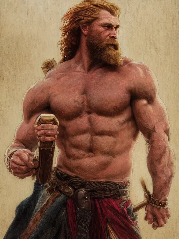 Image similar to painted portrait of rugged thor, god of thunder, norse god, red hair, masculine, mature, handsome, upper body, red and gold, muscular, hairy torso, fantasy, intricate, muscular, elegant, highly detailed, digital painting, artstation, concept art, smooth, sharp focus, illustration, art by gaston bussiere and alphonse mucha