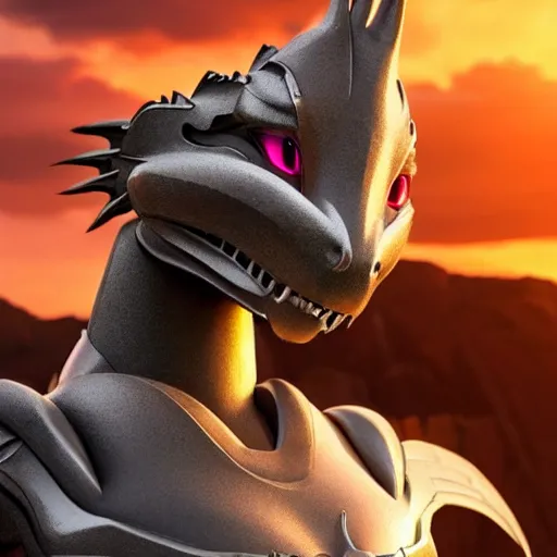 Image similar to stunning headshot of a beautiful anthropomorphic robot female dragon, with smooth and streamlined armor, posing elegantly, well detailed dragon head with epic detailed LED eyes maw, sharp and dangerous sleek design, two arms, beautiful digital art, artstation, DeviantArt, FurAffinity, professional, depth of field, close-up, hd, octane render, sunset lighting