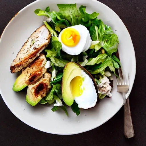 Prompt: chicken salad with avocado and poached egg, food photography