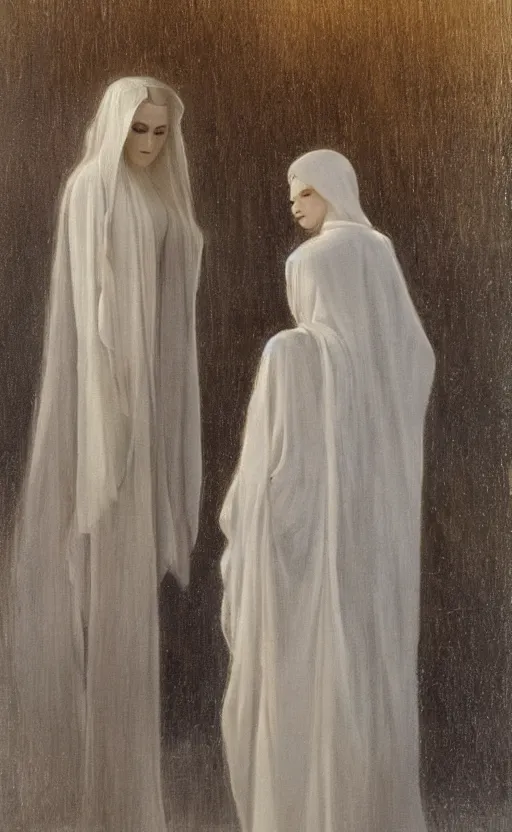 Image similar to single thin angel with silver hair so pale and wan!, thin!, flowing robes, covered in robes, lone pale wan feminine goddess, wearing silver robes, flowing hair, pale skin, young cute face, covered!!, clothed!! oil on canvas, style of lucien levy - dhurmer and jean deville, 4 k resolution, aesthetic!, mystery