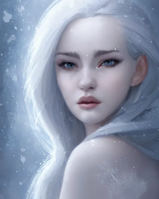 Prompt: portrait of a beautiful snow goddess, flowy white grey hair, grey eyes, winter, frozen, snow, cinematic lighting, highly detailed, digital painting, trending on artstation, pixiv, concept art, sharp focus, illustration, art by ross tran and wlop