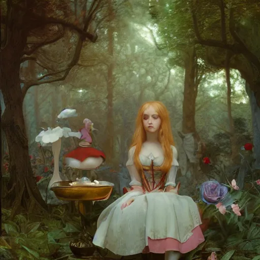 Image similar to Alice in wonderland, masterpiece by Edgar Maxence and Ross Tran and Michael Whelan, gustav dore, 8k, octane render