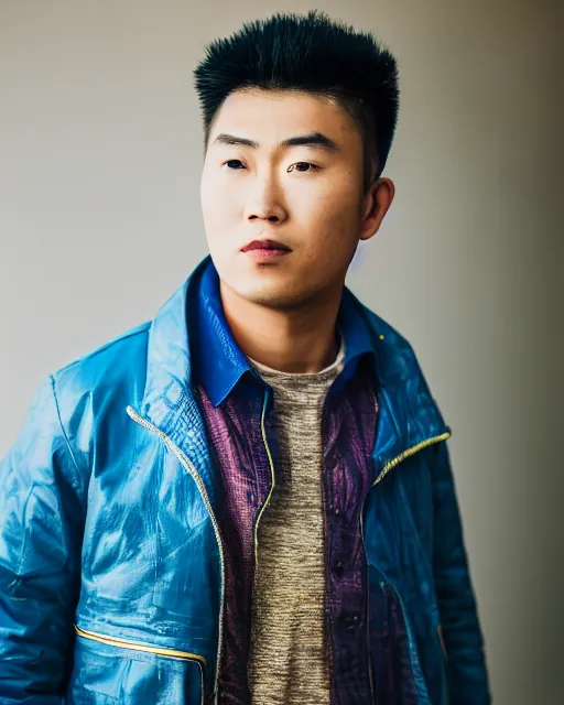 Image similar to gold, blue, hyper realistic photo of an asian male, 8 k, 8 5 mm f 1. 8