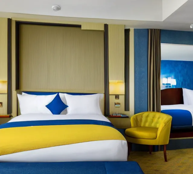 Prompt: a 4 k photorealistic photo hotel room picture of a luxury blue and yellow hotel room suite