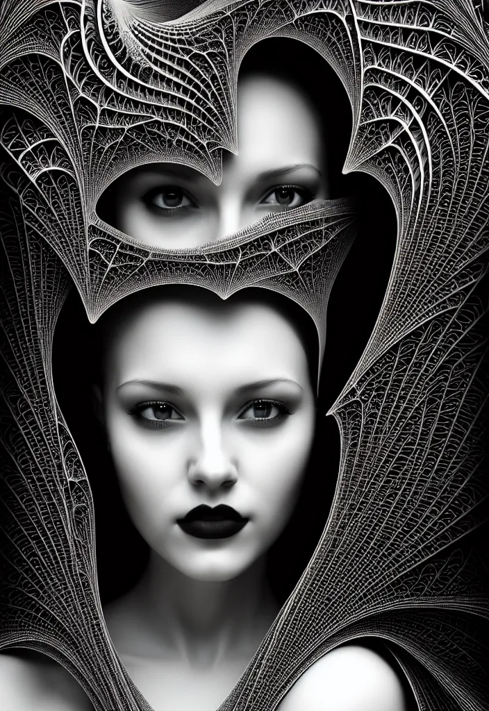 Image similar to portrait of a young beautiful woman with a partially covering mask. fractal, mandelbulb technique. black and white, black on black. intricate, elegant, super highly detailed, professional digital painting, smooth, extreme illustration, Photorealism, HD quality, 8k resolution, 3D, beautiful, cinematic, art. art deco, art nouveau.