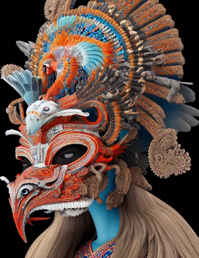 Image similar to 3 d goddess close - up profile portrait aztec with ram skull. beautiful intricately detailed japanese crow kitsune mask and clasical japanese kimono. betta fish, jellyfish phoenix, bio luminescent, plasma, ice, water, wind, creature, artwork by tooth wu and wlop and beeple and greg rutkowski