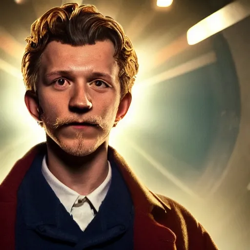 Image similar to tom holland as a rough dirty old man with a scruffy beard in a dark blue trenchcoat as the new doctor who, cinematic, volumetric lighting, f 8 aperture, cinematic eastman 5 3 8 4 film, photorealistic