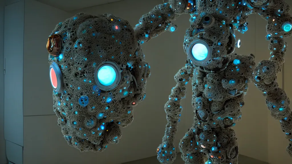 Image similar to a cybernetic symbiosis of a single astronaut mech-organic eva suit made of pearlescent wearing knitted shiny ceramic multi colored yarn thread infected with diamond 3d fractal lace iridescent bubble 3d skin dotted covered with orb stalks of insectoid compound eye camera lenses floats through the living room, film still from the movie directed by Denis Villeneuve with art direction by Salvador Dalí, wide lens,kevlar,carbon fiber,ceramics,gaseous materials,