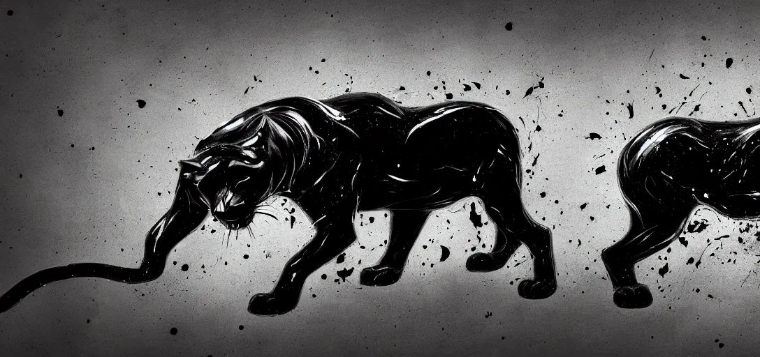 Image similar to the smooth panther, made of tar, sticky, full of tar, covered with tar, dripping tar, dripping tar, splattered tar, sticky tar. concept art, reflections, black goo, animal drawing, digital art, desktop background