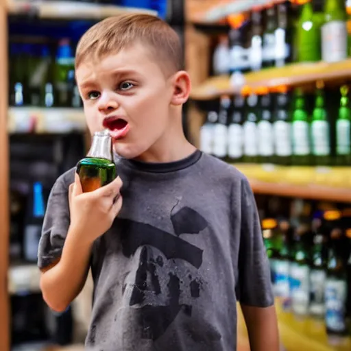 Image similar to boy hold beer bottle in the shop. angry casier refuse to sell.