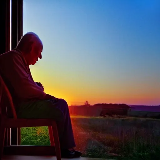 Image similar to A very old man, sitting in a chair in front of a window, looking out at a beautiful sunset award winning photograph