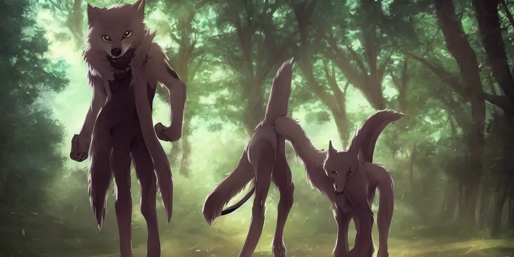 Image similar to anime! art, male anthro wolf furry!, walking at the park, award - winning digital art, cgsociety