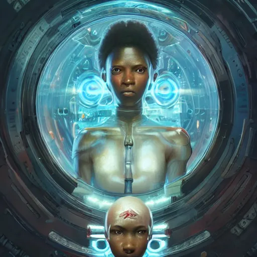 Prompt: african biopunk alchemist, science fiction, highly detailed, digital painting, beautiful eyes, symmetry, concept art, sharp focus, illustration, global illumination, radiant light, detailed and intricate environment, art by artgerm and greg rutkowski and magali villeneuve and ilya kuvshinov!