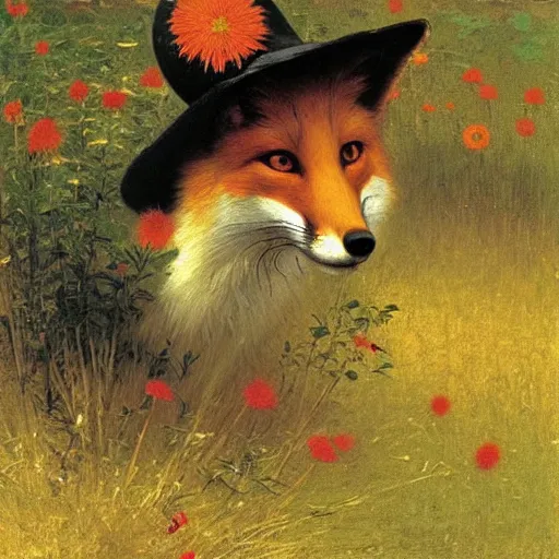 Prompt: A portrait of a fox in a straw hat surrounded by dandelions, by William-Adolph Bouguereau, Robert Cleminson, Carl Friedrich Deiker