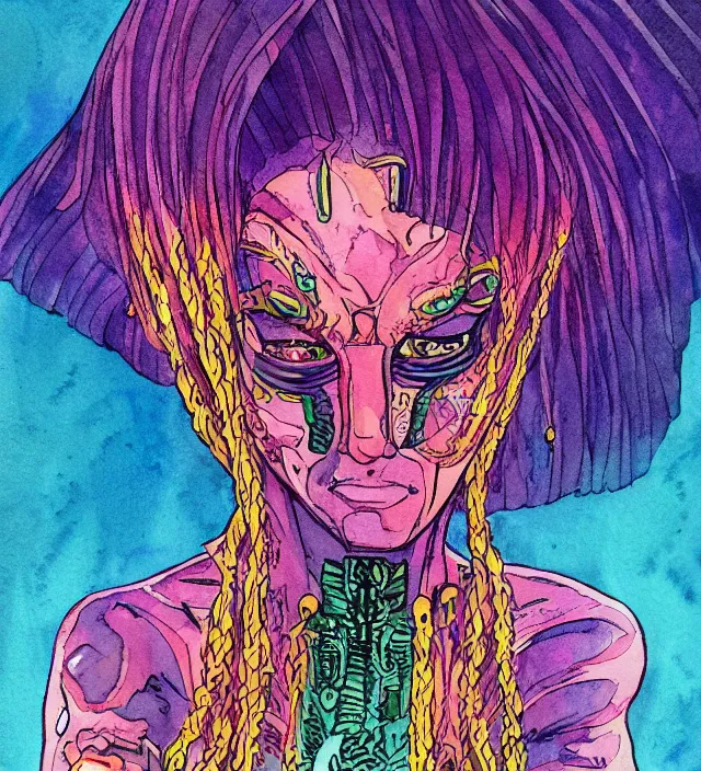 Image similar to a watercolor ink painting of female aztecian punk / raver using her mutant electrical powers in the style of jean giraud in the style of moebius trending on artstation deviantart pinterest detailed realistic hd 8 k high resolution