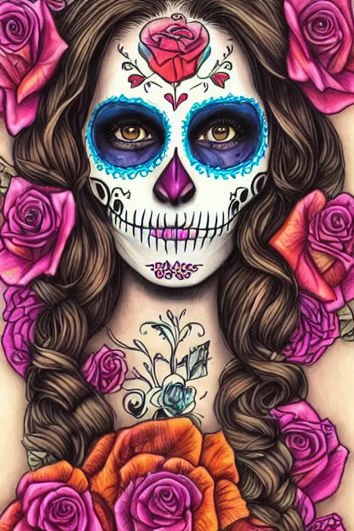 Image similar to illustration of a sugar skull day of the dead girl, art by magali villeneuve