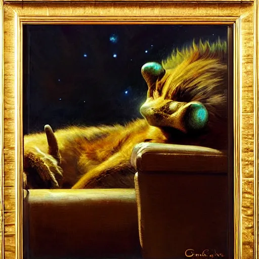 Image similar to a portrait of a furry alien sleeping on the couch. highly detailed painting by gaston bussiere, craig mullins, j. c. leyendecker, furry