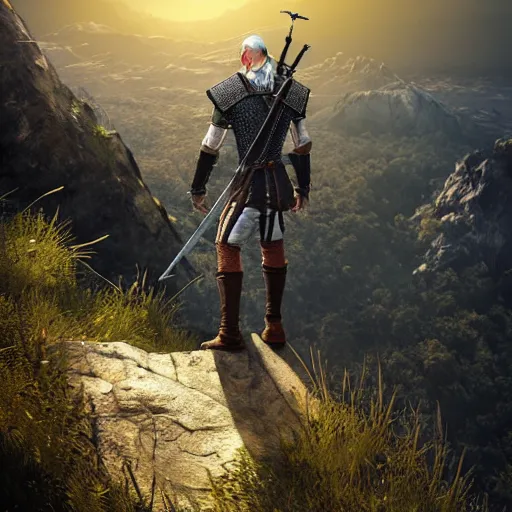 Image similar to the witcher standing at the edge of a cliff with his sword pointing up to the sun, artstation, cgsociety, 3d concept art