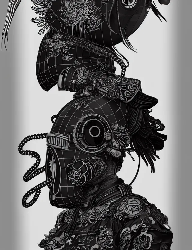 Image similar to 3 d goddess close - up profile punk portrait with vintage gas mask ram skull. beautiful intricately detailed japanese crow kitsune mask and clasical japanese kimono. betta fish, jellyfish phoenix, bio luminescent, plasma, ice, water, wind, creature, artwork by tooth wu and wlop and beeple and greg rutkowski