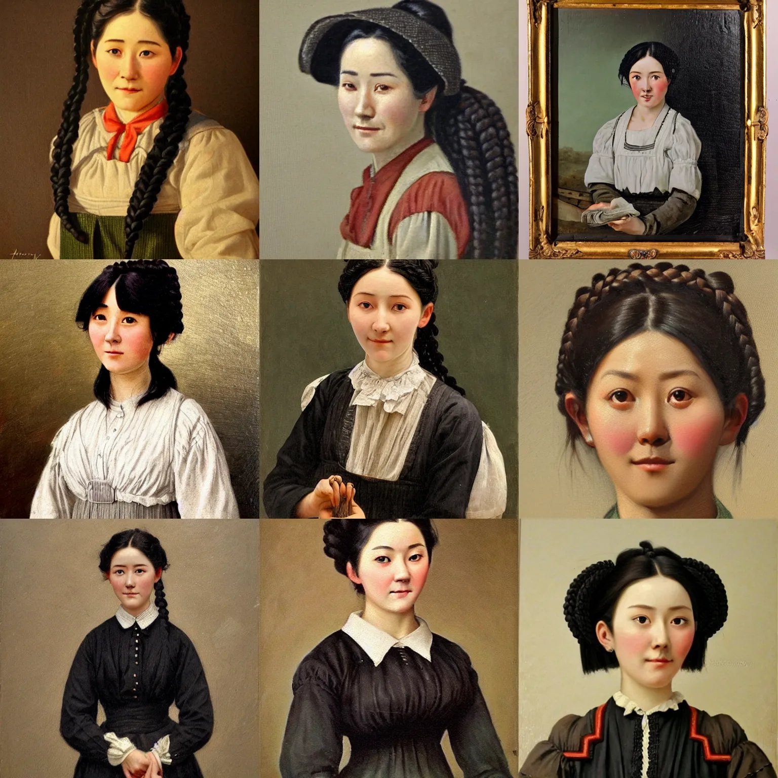 Prompt: a ((sadly)) (((smiling)))) black haired, young hungarian village maid from the 19th century who looks very similar to (((Lee Young Ae))) with a two french braids, detailed, realistic oil painting by Hollósy Simon