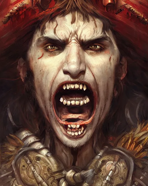 Image similar to portrait of a screaming spanish conquistador by filipe pagliuso and justin gerard, symmetric, detailed, intricate, digital painting, princess mononoke color scheme, masterpiece, sharp focus