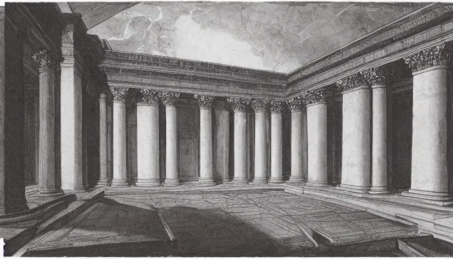 Prompt: 1 9 7 0 s movie still of a neoclassical building, by piranesi, polaroid, high quality, high detailed