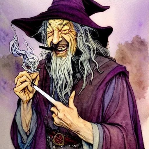 Image similar to a realistic and atmospheric watercolour fantasy character concept art portrait of gandalf with bloodshot eyes laughing and smoking a pipe looking at the camera by rebecca guay, michael kaluta, charles vess and jean moebius giraud