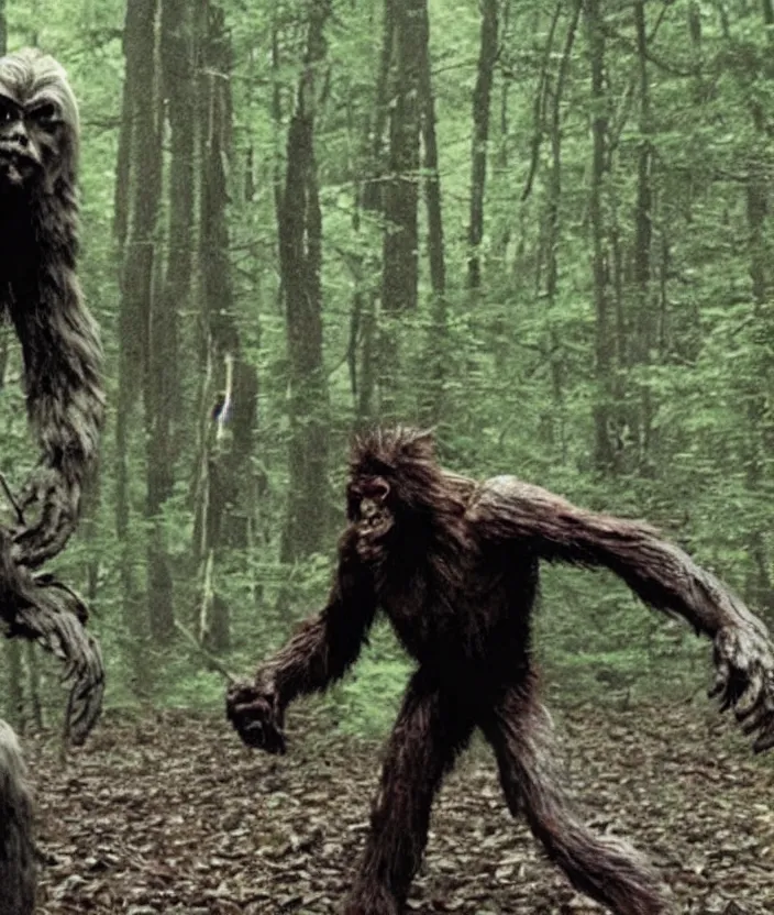 Prompt: bigfoot vs. mothman, cryptid battle, found footage, eerie, foreboding