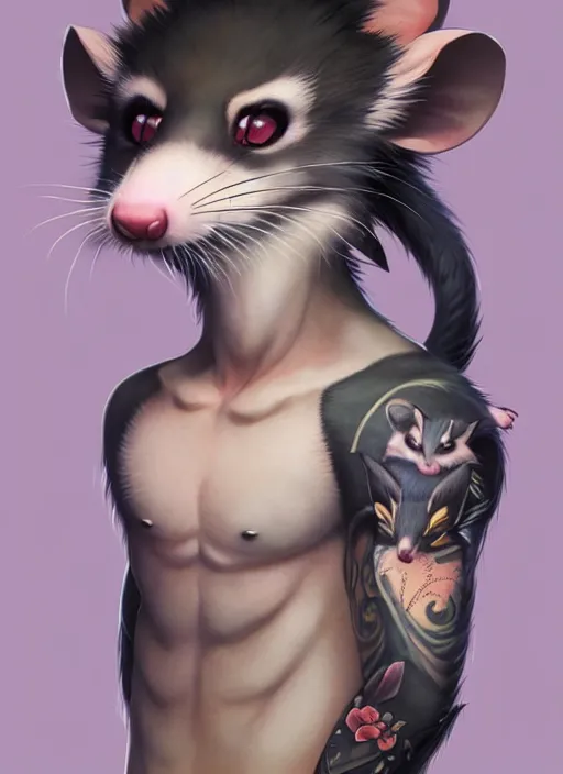 Prompt: character portrait of a male anthro opossum fursona with a tail and a cute beautiful attractive detailed furry face wearing a tanktop and slacks standing outside a city tattoo parlor with arm tattoos. Character design by charlie bowater, ross tran, artgerm, and makoto shinkai, detailed, inked, western comic book art