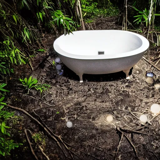 Prompt: pristine porcelain bath filled with bubbles in a clearfelled jungle, slash and burn, deforestation, tree stumps, smouldering charred timber