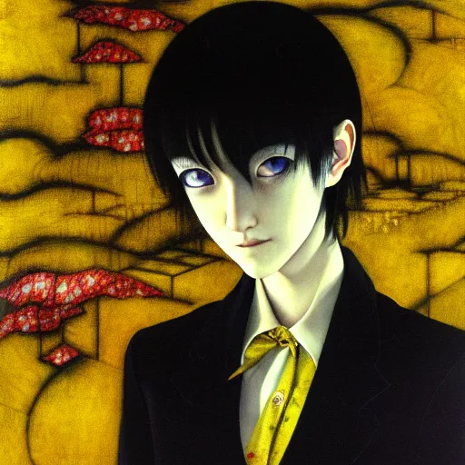 Image similar to yoshitaka amano blurred and dreamy realistic three quarter angle horror portrait of a sinister young woman with short hair and yellow eyes wearing office suit with tie, junji ito abstract patterns in the background, satoshi kon anime, noisy film grain effect, highly detailed, renaissance oil painting, weird portrait angle, blurred lost edges