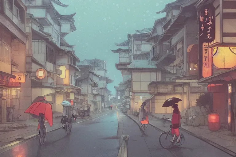 Prompt: a japanese anime traditional town raining road, urban moody neutral hipster tones, joy gaze, cel - shaded, classical animation, cinematic, edge - to - edge print, rendered by studio ghibli, artgerm, alyssa monks, andreas rocha, david kassan, neil blevins