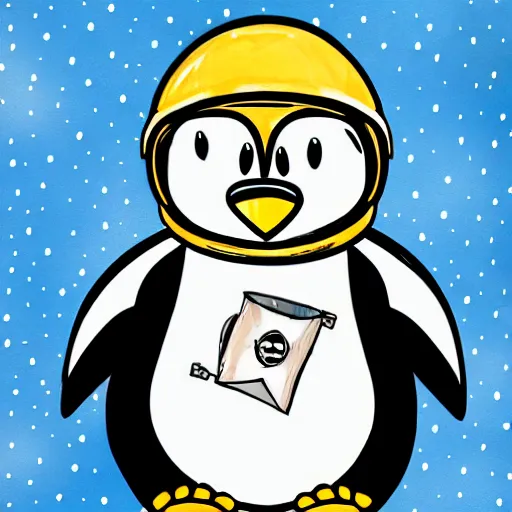 Image similar to cute drawing of a penguin on an astronaut suit, helmet on, floating on space, cartoon disney style, solid color