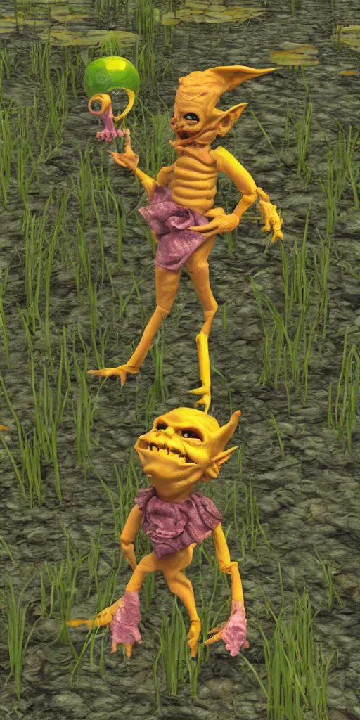 Image similar to malice yellow goblin doll in a lake swamp psx rendered early 90s net art n64 3d 2001