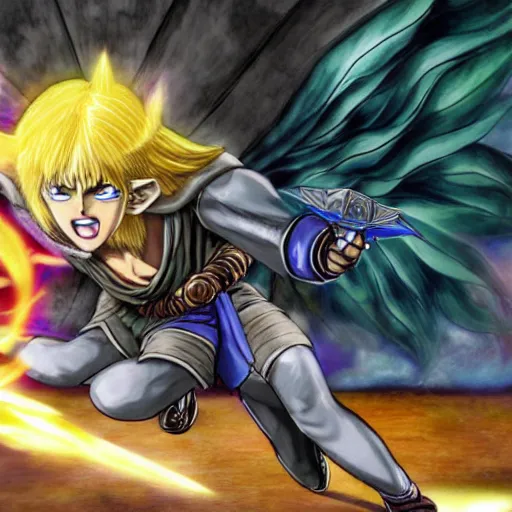 Prompt: fierce deity link fighting majora's mask in the style of berserk by kentaro miura