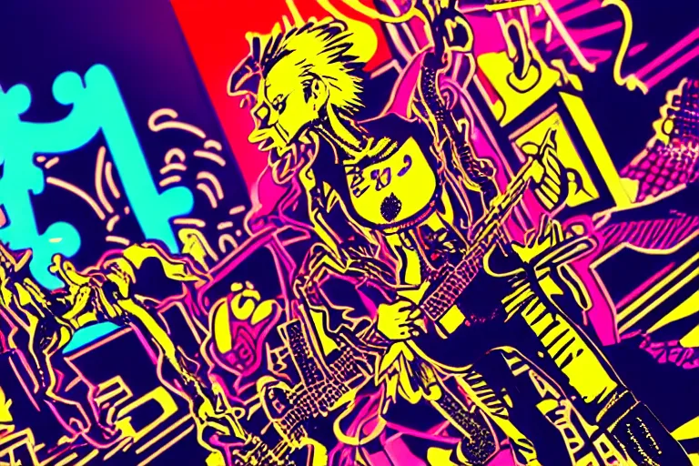 Image similar to pop art of a punk at a japanese metal concert in a cyberpunk world, bright neon colors, intricate details, complementary colors, detailed face, backlighting, octane render, depth of field, extremely detailed, trending in artstation, focus on face, sharp focus, radiant light, beautiful composition, drawn by roy lichtenstein, keith haring, romero britto