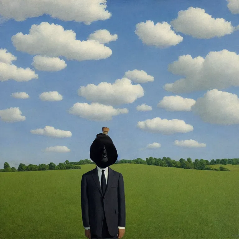 Image similar to portrait of a faceless white masked - head man in a suit, clouds and nature landscape in the background, by rene magritte, detailed painting, distance, centered, hd, hq, high resolution, high detail, 4 k, 8 k