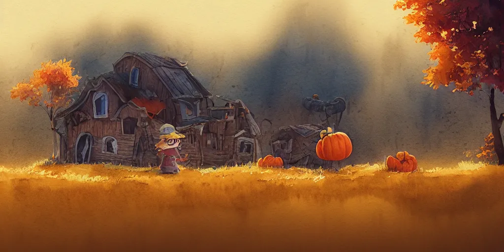 Prompt: epic illustration, incredible wide screenshot, ultrawide, simple watercolor, rough paper texture, autumn, mushroom house, pumpkin patch, scarecrow, realism, pale beige sky, texture, brown mud, dust, backlit distant shot a scenic environment by Anton Fadeev